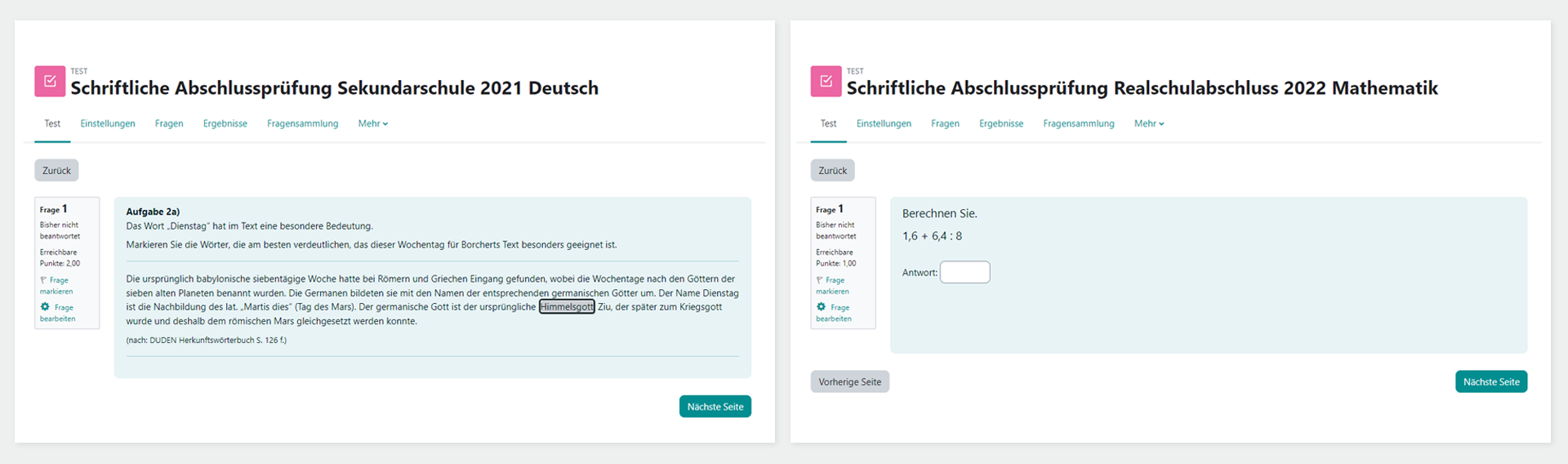 Prüfungsaufgaben in Moodle