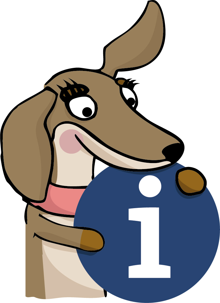 Dackeldame Pixi mit Info-Zeichen