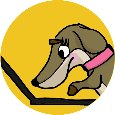 Dackeldame Pixi, mit rosa Halsband und vor einem Laptop sitzend
Vor Aufregung sind ihre Wangen leicht gerötet - im Comicstil