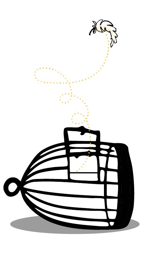 Ein umgestürzter Vogelkäfig mit offener Tür, ein Federchen segelt heraus