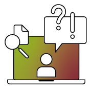 Laptopbildschirm mit Person, Sprechblase mit Fragezeichen und Ausrufezeichen, Lupe mit Arbeitsblatt 
