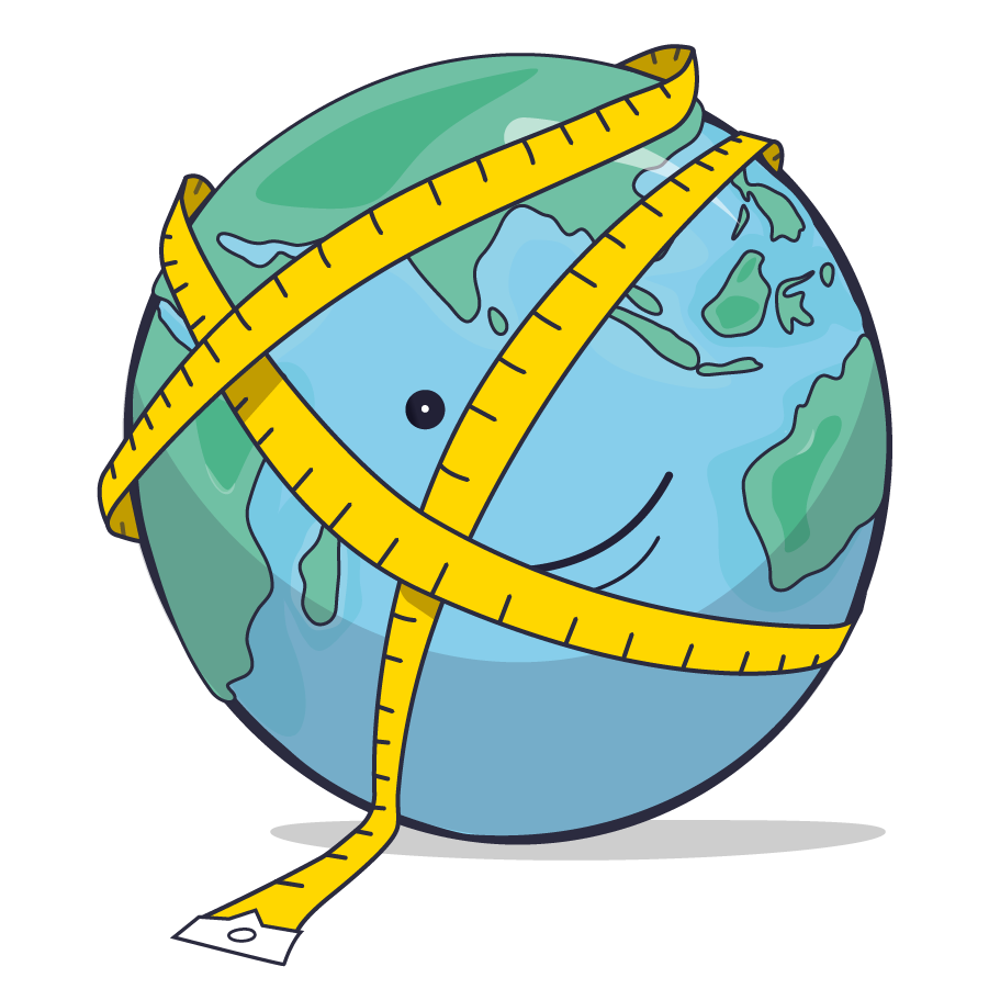 Ein Globus, der in einem gelben Maßband eingewickelt ist