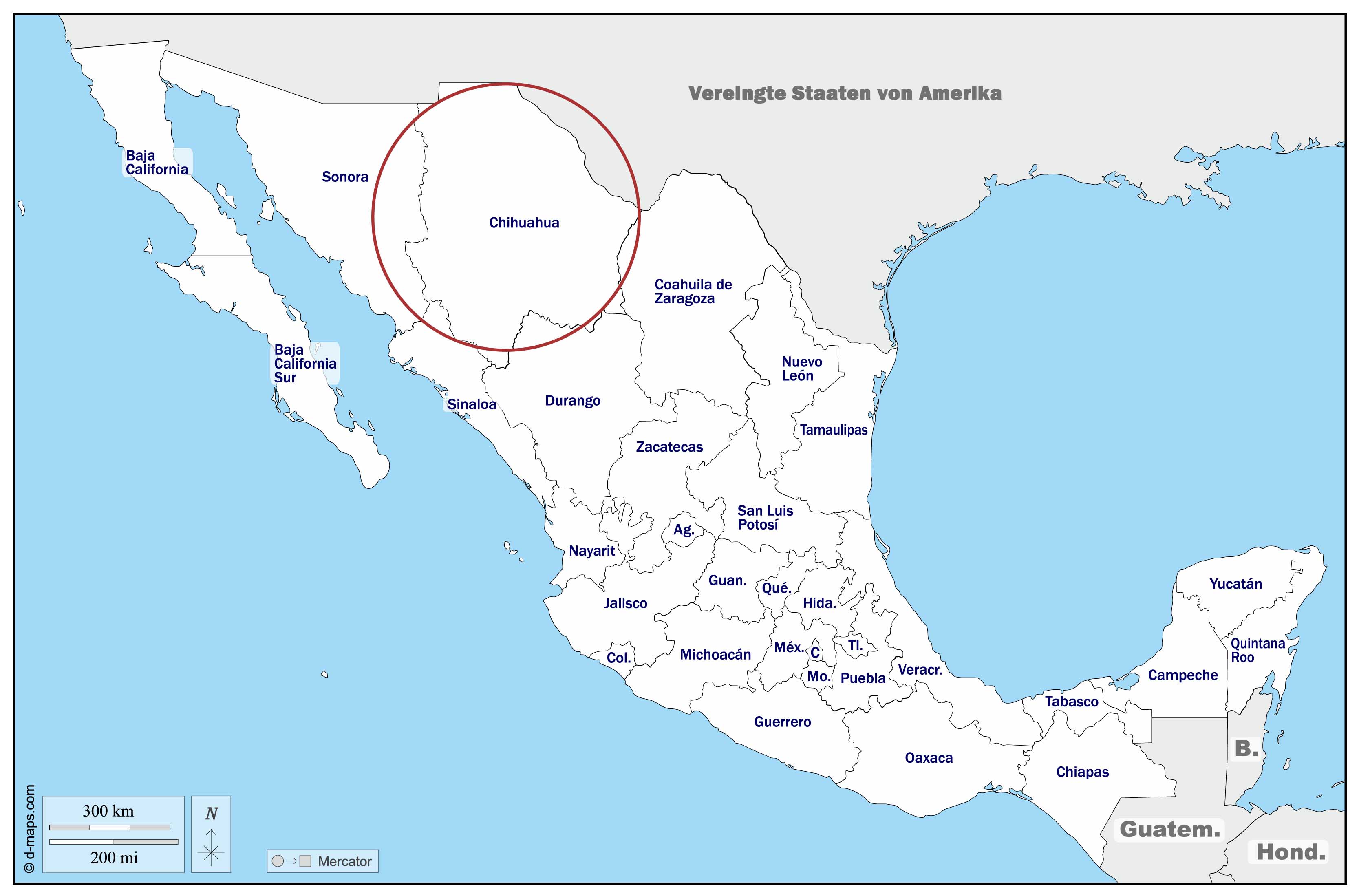 Eine Karte von Mexiko mit den Bundestaaten Mexikos, der Bundesstaat Chihuahua ist mit einem roten Kreis markiert