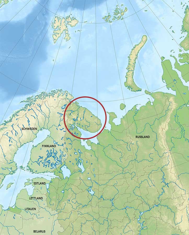 eine geographische Karte Skandinaviens, des Baltikums und Westrusslands, auf welcher die Halbinsel Kola markiert ist