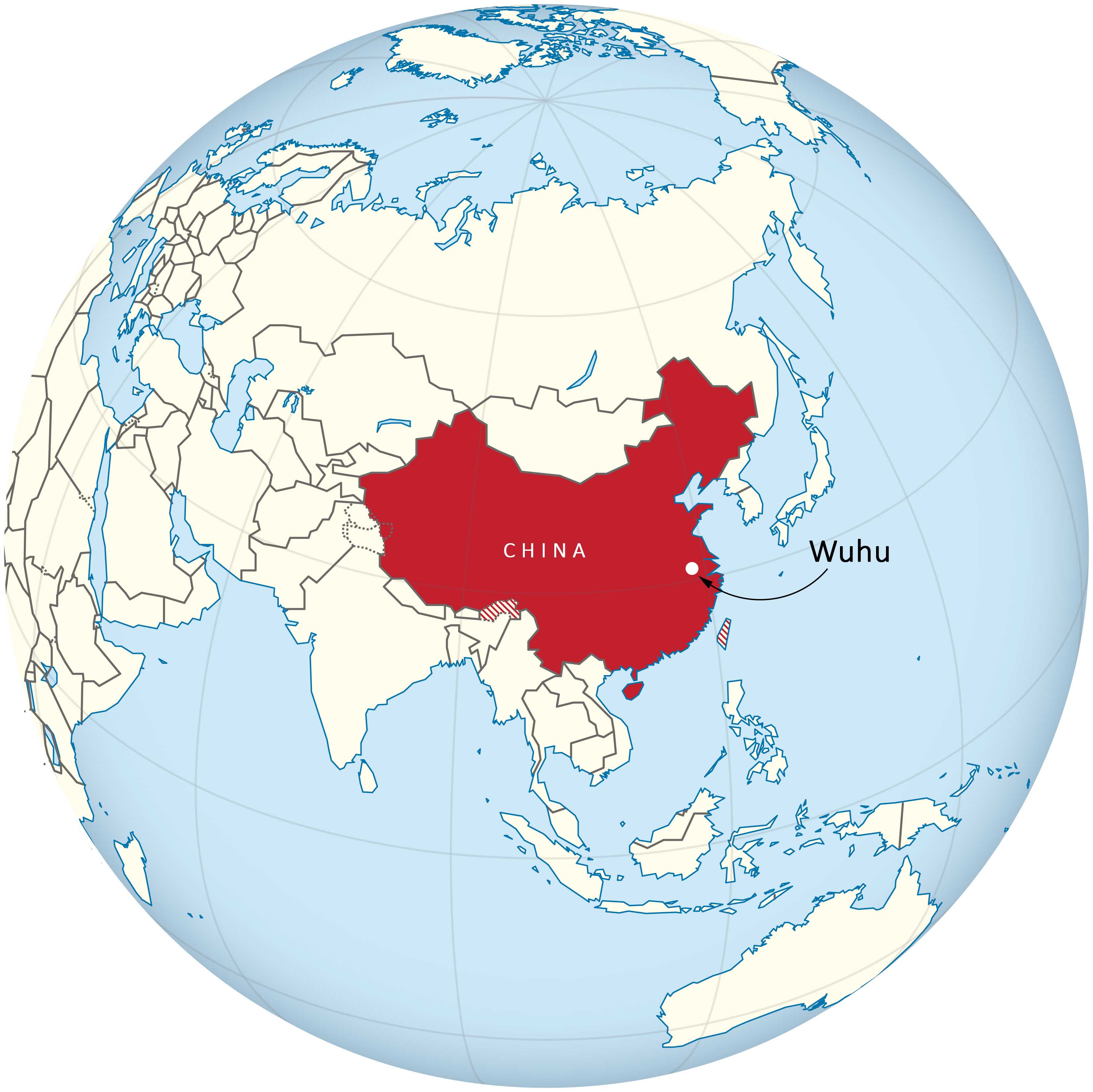 Globus, auf dem China rot hervorgehoben und die Stadt Wuhu markiert ist