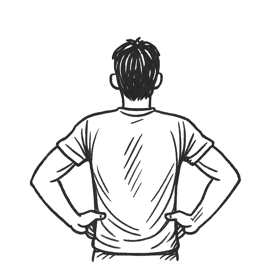 Zeichnung einer Person von hinten, stemmt die Arme in die Seiten