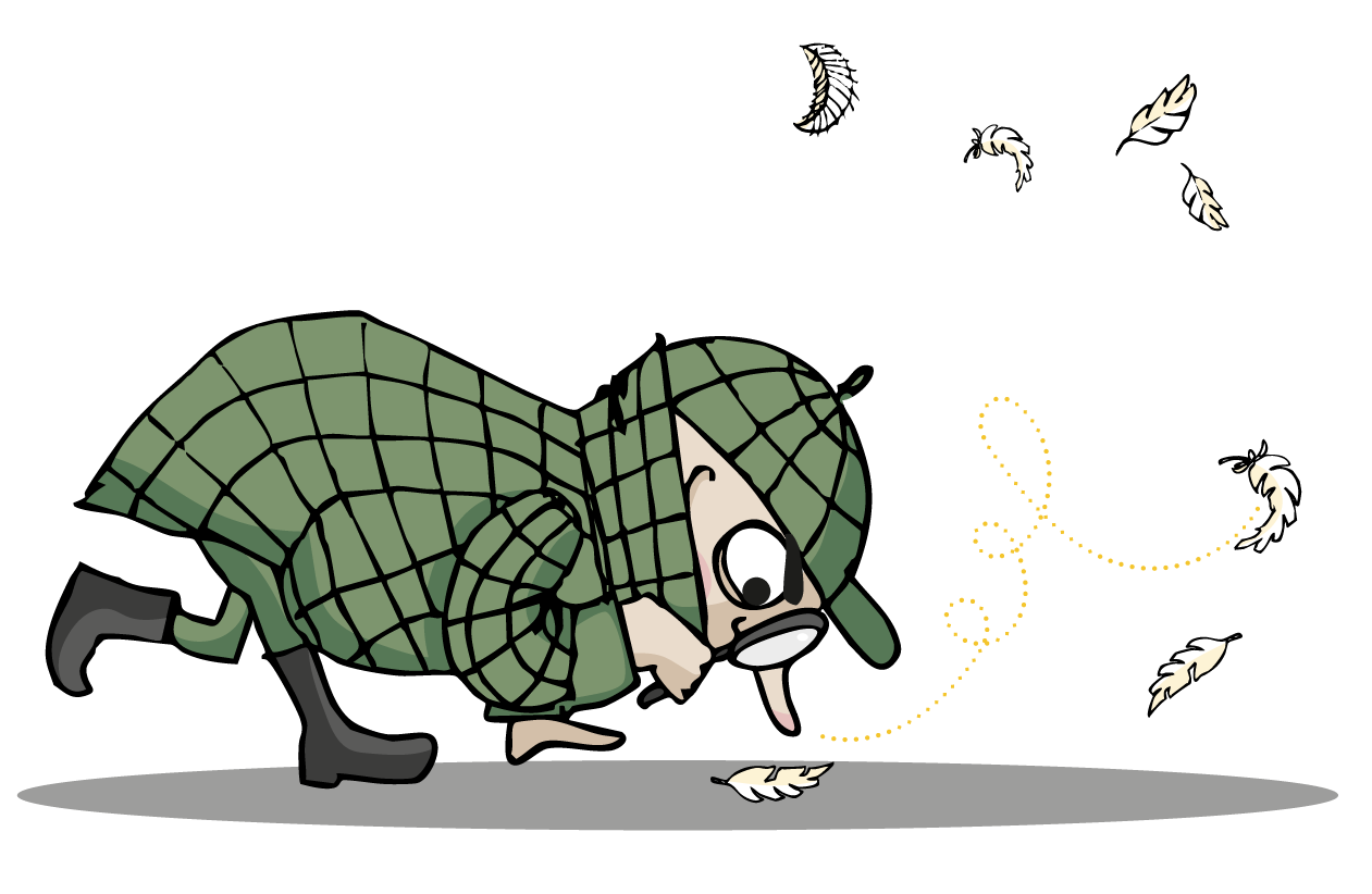 Detektiv Homms folgt mit einer Lupe einer Spur aus Federn