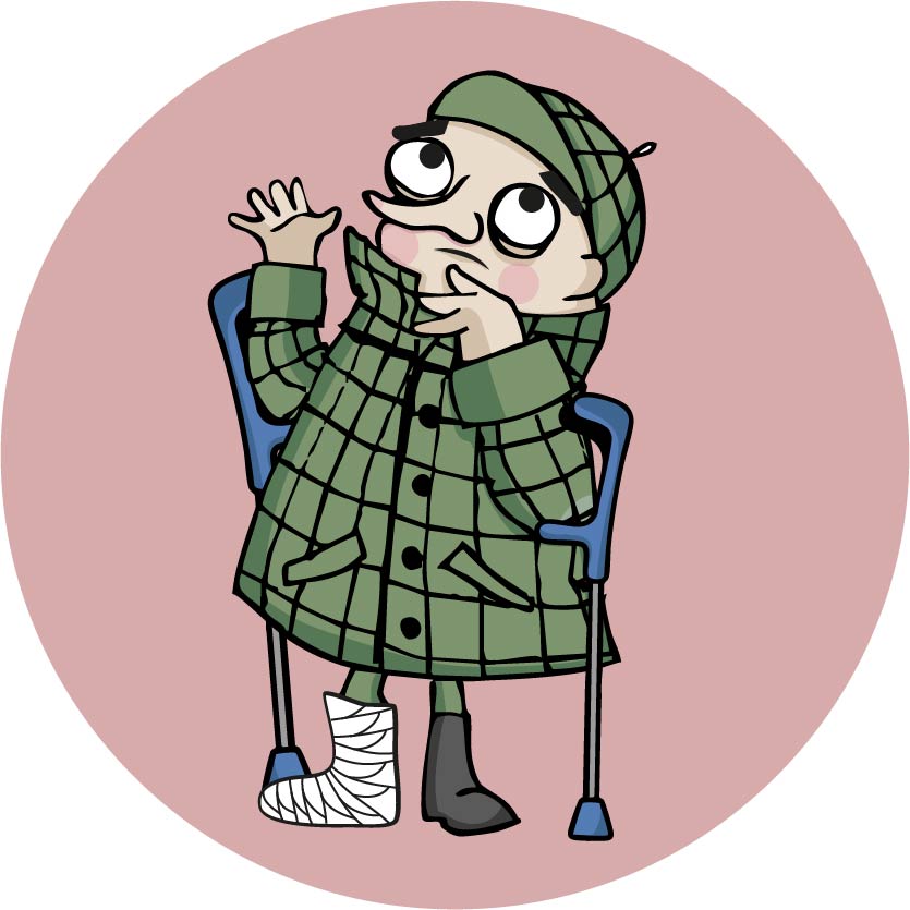 Detektiv Homms, ein Mann, mittelalt, in grün-schwarz-kariertem Mantel und Mütze, Gipsbein und Krücken