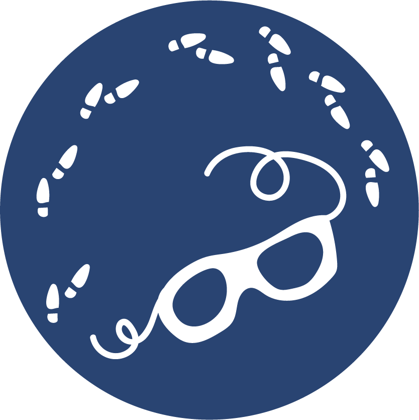 Blauer Kreis mit weißen Fußspuren und einer weißen Maske