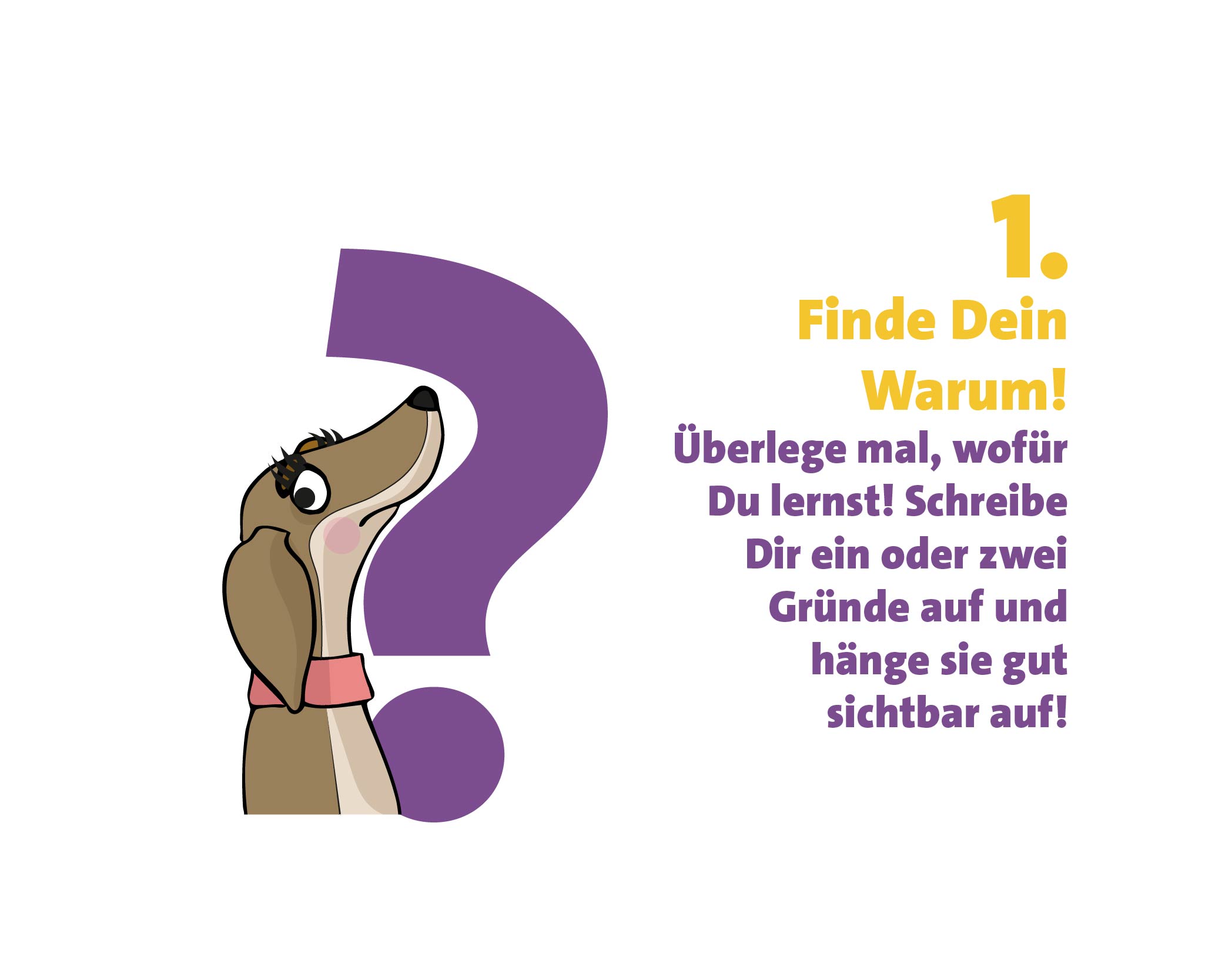Finde Dein Warum? Überlege mal, wofür Du lernst! Schreibe Dir ein oder zwei Gründe auf und hänge sie gut sichtbar auf!