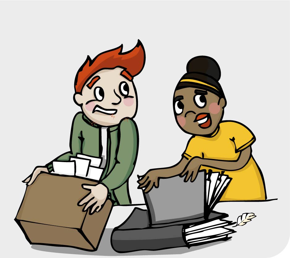 Murphy und Mia stürmen mit den akten ins Büro