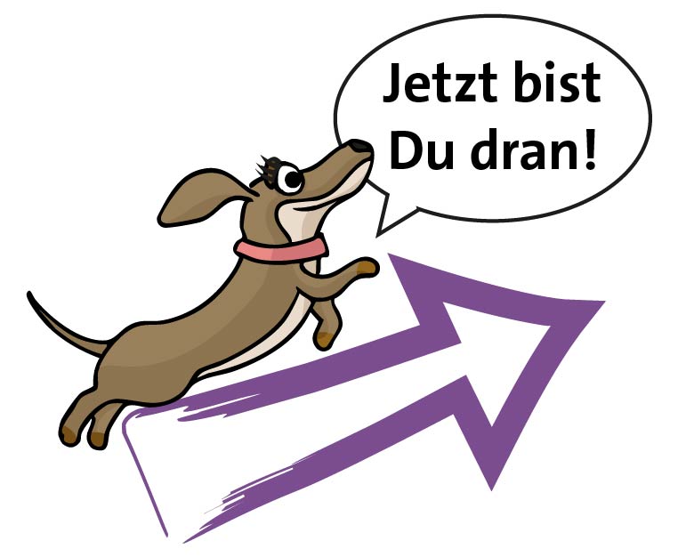 Zeichnung, Pixi auf einem Pfeil "Jetzt bist Du dran!"
