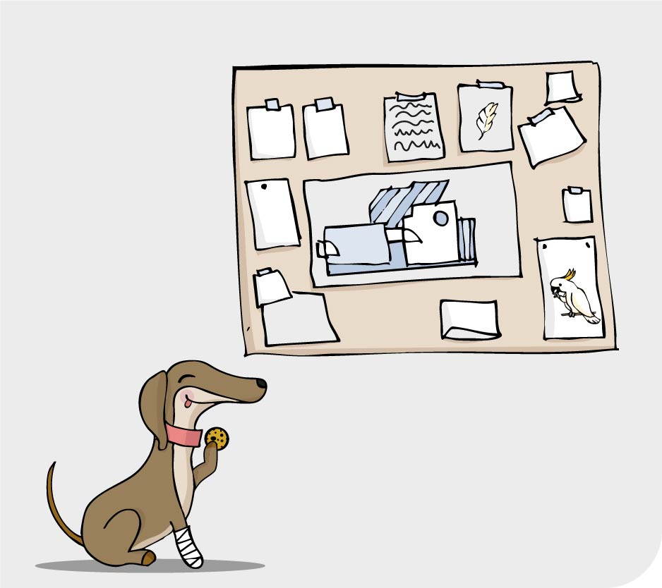 Pixi vor der Pinnwand