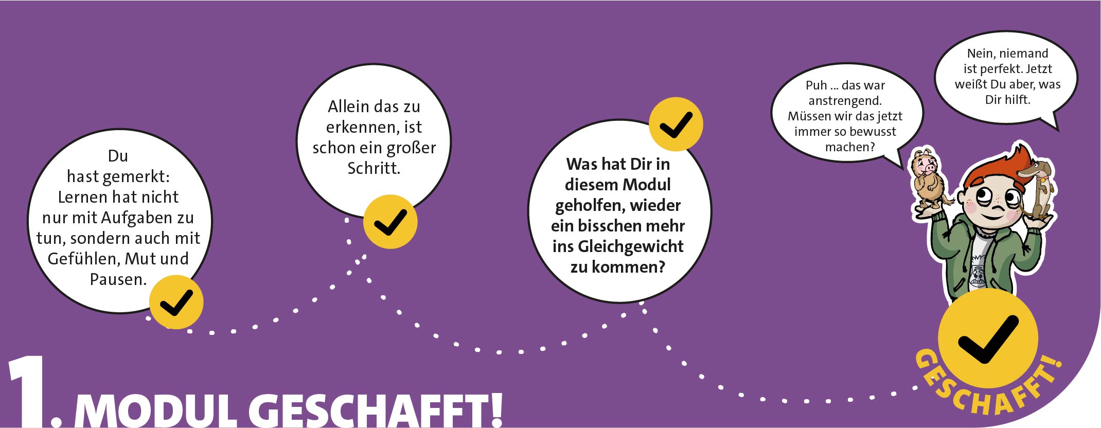 Der innere Schweinehund und Pixi sitzen ganz klein auf Murphys Händen und unterhalten sich über die gelernte Dinge.