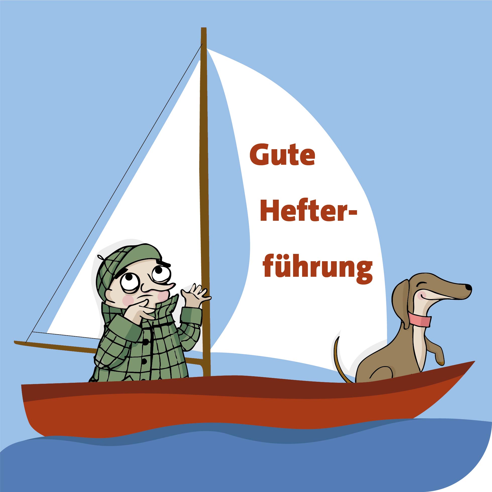 Dackelhünding Pixi und Detektiv Homms auf einem Segelboot. Auf dem Segel steht: Gute Hefterführung. 