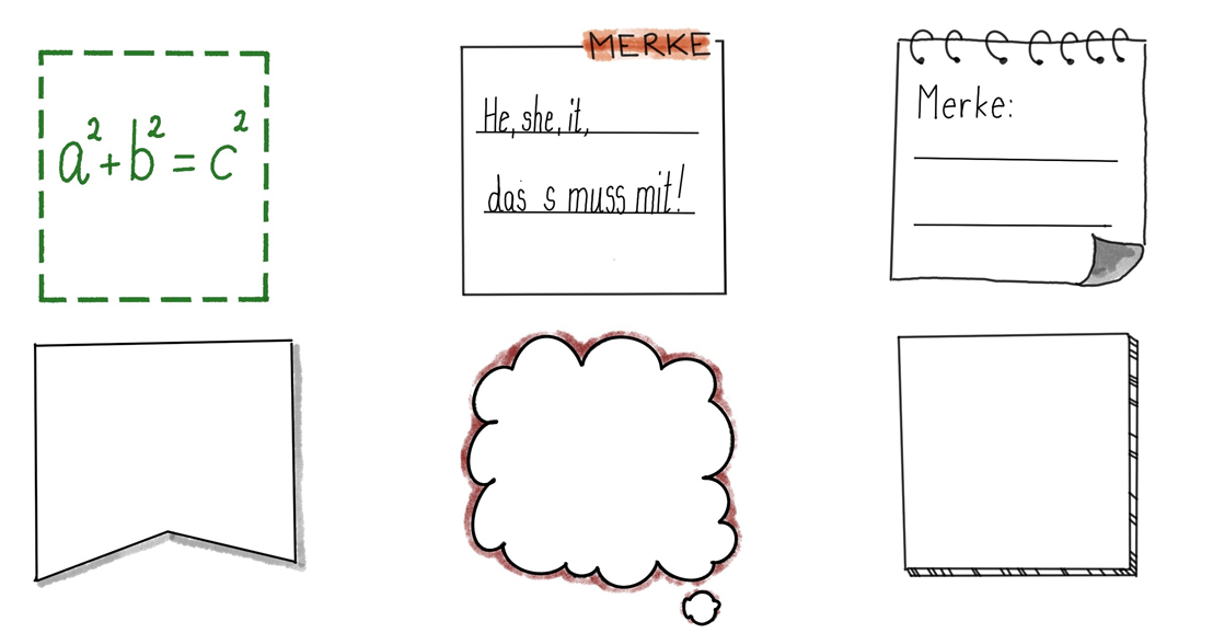 Merkkästchen in unterschiedlicher Ausführung: in anderer Farbe, als Wolke, mit schraffiertem Rand, als gemaltes Blockblatt. 