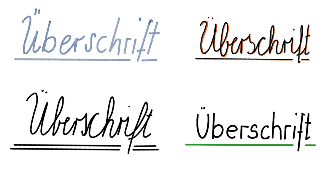 Das Wort "Überschrift" einmal unterstrichen und in blau, farbig nachgefahren, doppelt unterstrichen und farbig unterstrichen.