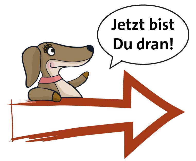 Pixi mit einem großen Pfeil: "Jetzt bist Du dran!"