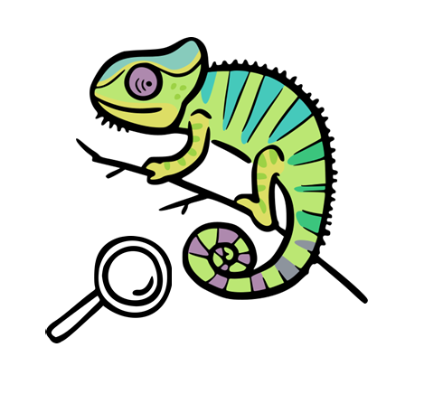 Ein buntes Chamäleon und eine Lupe.