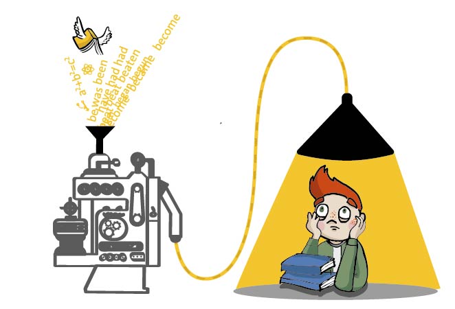 Ein Junge sitzt unter einer Lernmaschine und lässt Vokabeln auf sich regnen