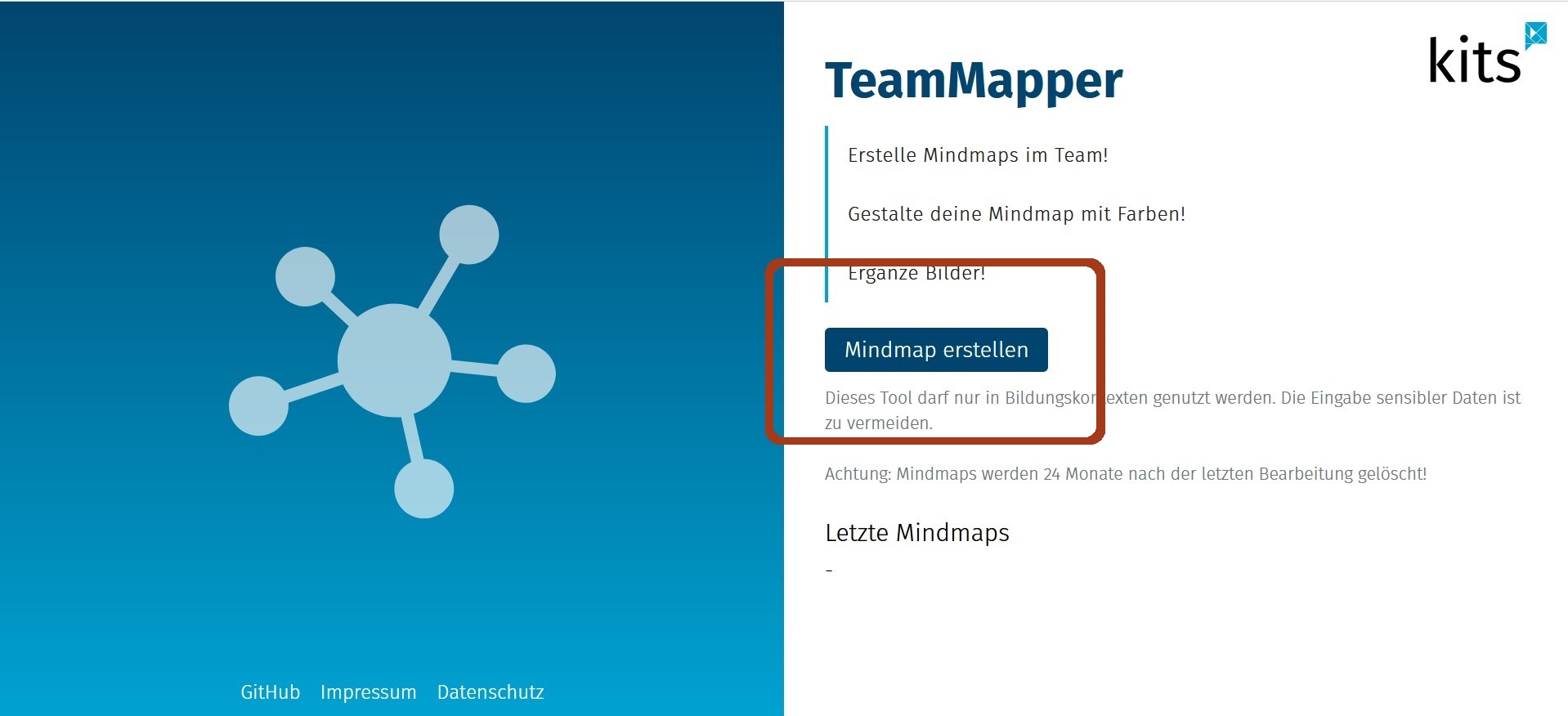 Die Startseite des Mindmapping-Tools TeamMapper. Die Schaltfläche Mindmap erstellen ist markiert.