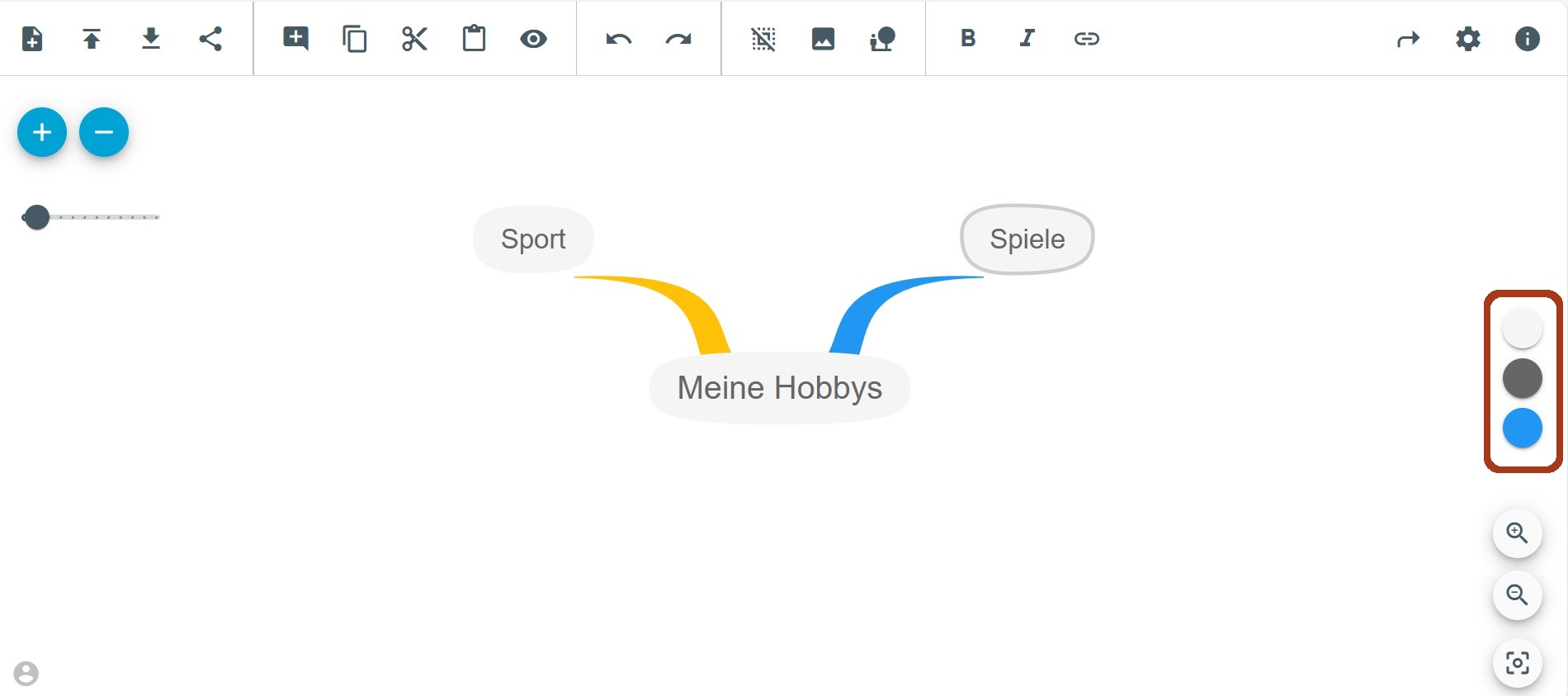 Eine Mindmap in TeamMapper. Die Schaltflächen mit den Farben am rechten Bildrand sind hervorgehoben. 