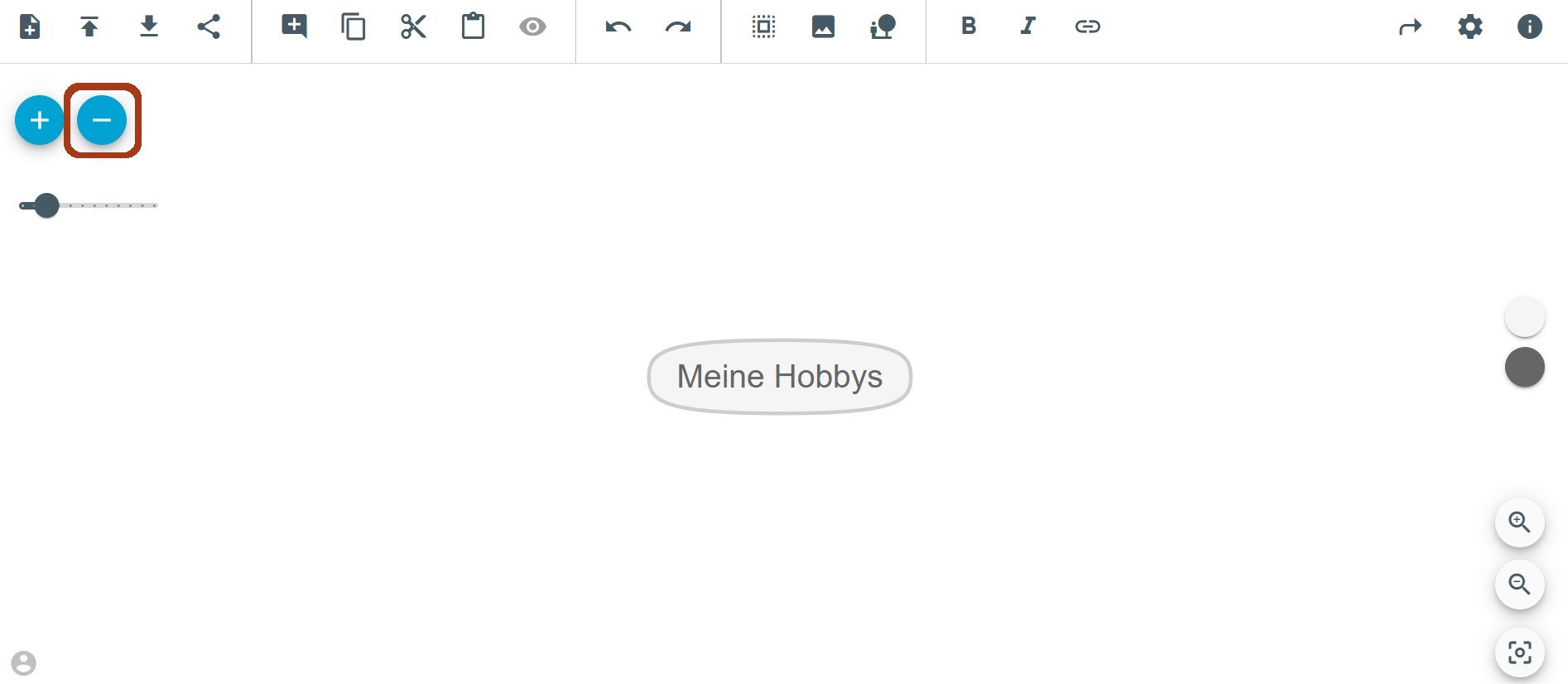 Eine Mindmap in TeamMapper. Die Schaltfläche links oben mit einem Minuszeichen ist hervorgehoben.