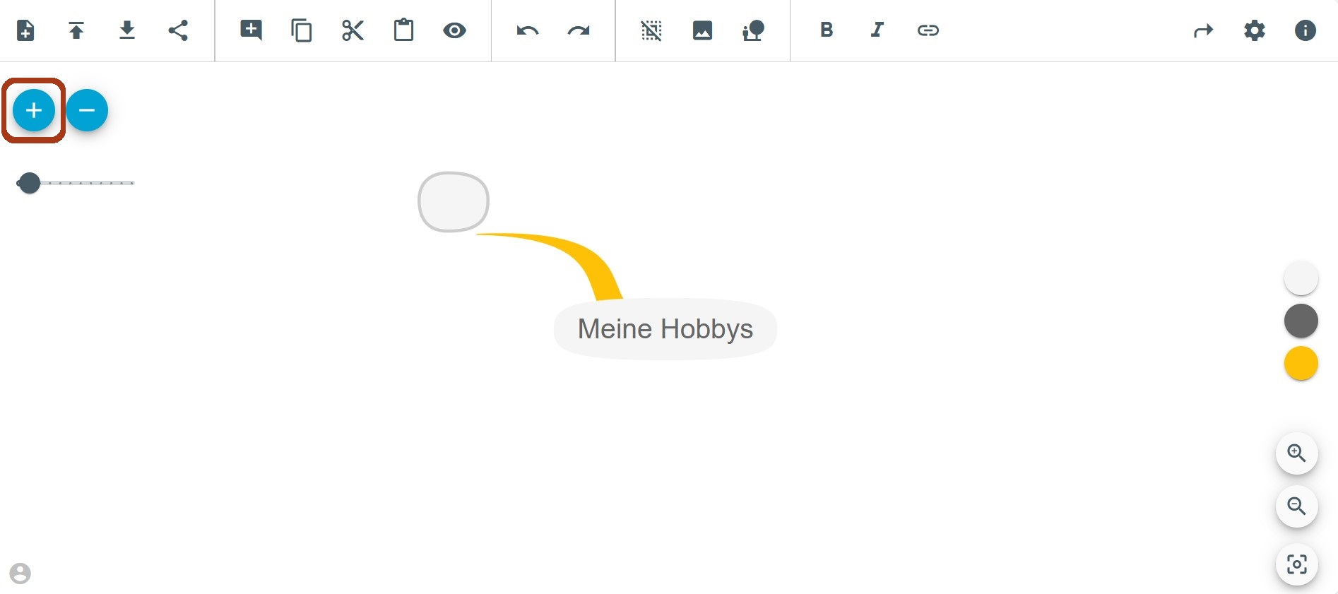 Eine Mindmap in TeamMapper. Ein Pfad führt zu einem noch leeren Feld. Links oben ist das Feld mit einem Pluszeichen markiert.