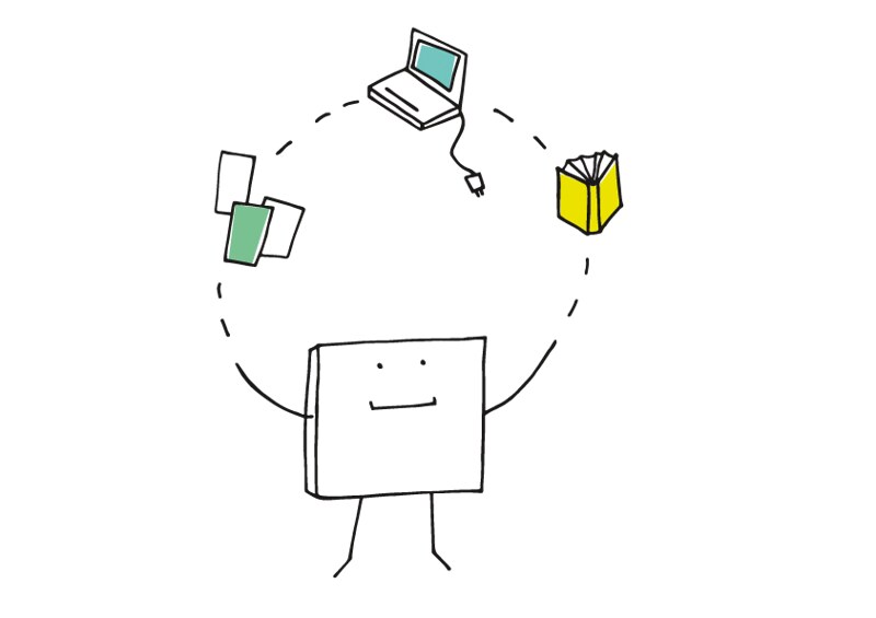 Eine kleine Figur wirft Karten, einen Computer und ein Buch hoch.