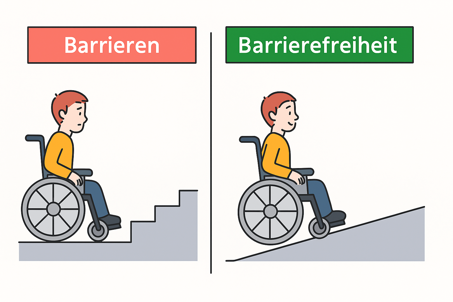 Rollstuhlfahrende Person: rechts vor einer Treppe als Barriere, links vor einer Rampe also barrierefrei