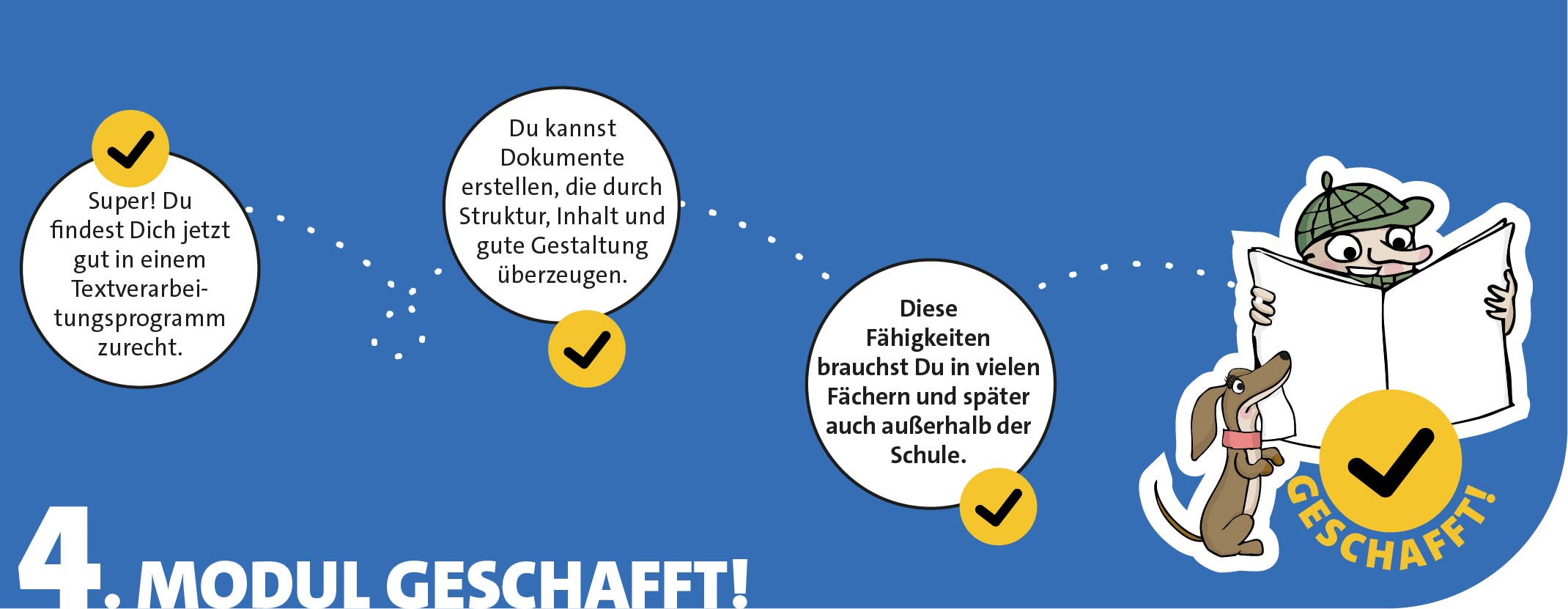 Homms liest zufrieden in einer Zeitung, Pixi hockt davor mit einem Blatt Papier im Maul