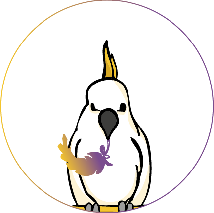 Lorelei in Frontalansicht und Feder im Schnabel