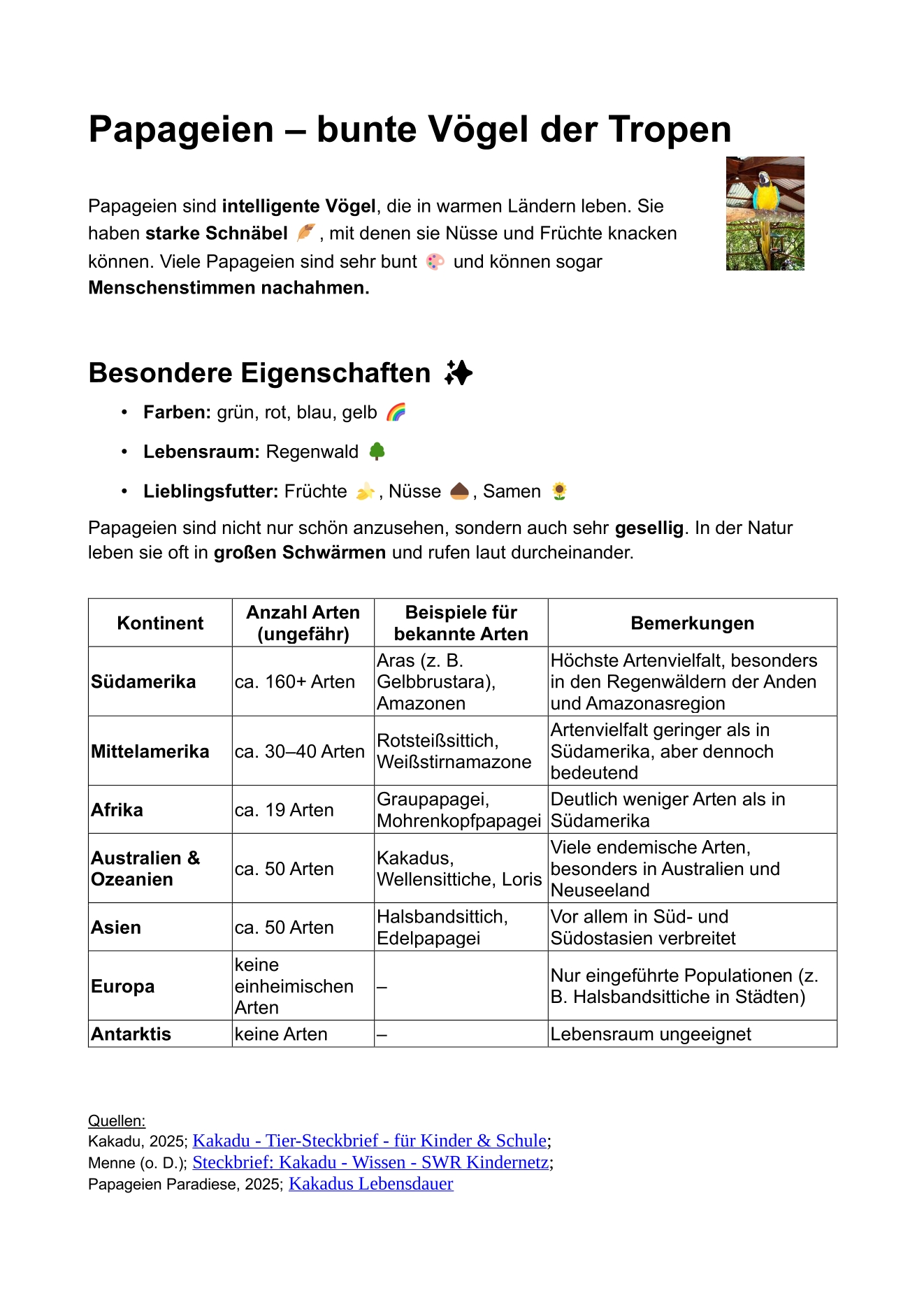 Text über Papageien mit Bild, Tabelle, Symbolen und Formatierung