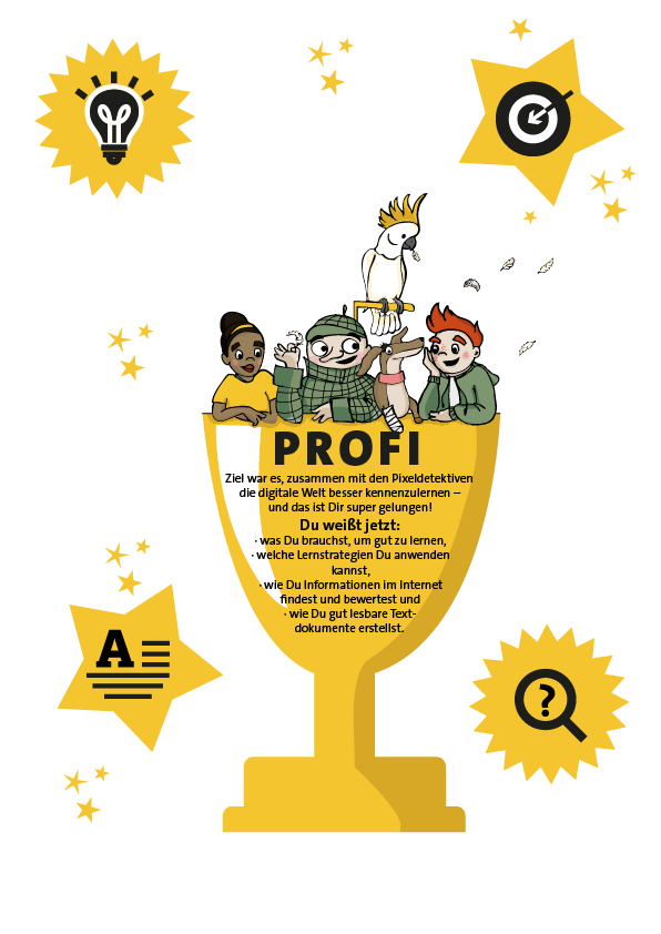 Ein Pokal mit der Aufschrift Profi: Daraus schauen Mia, Homms, Pixi, Lorelei und Murphy hervor. 