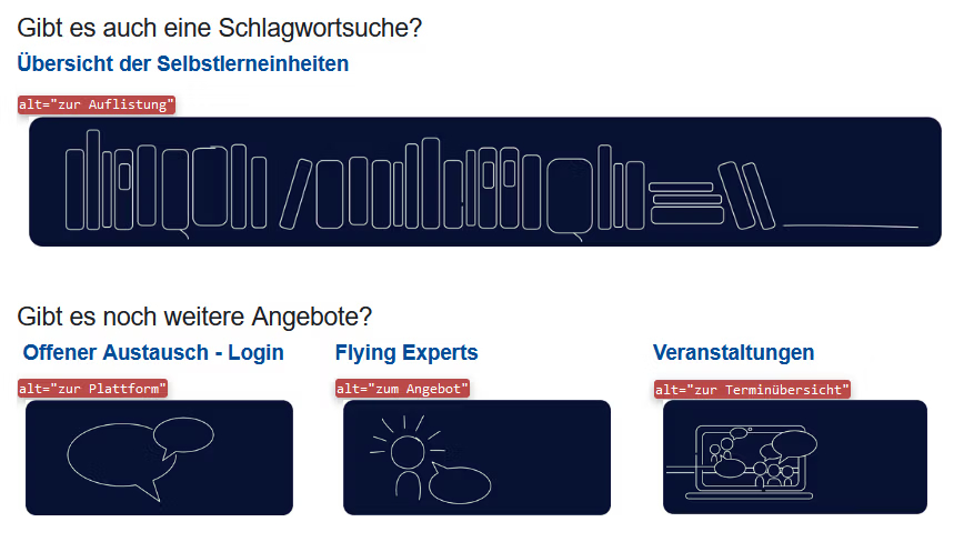 Screenshot mehrerer funktionaler Bilder auf einer Website mit angezeigten Alternativtexten.