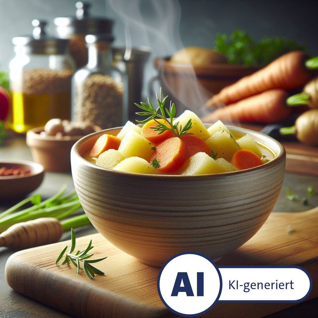 Bild einer Gemüsesuppe mit Karotten und Kartoffeln. Das Bild ist Ki-generiert.