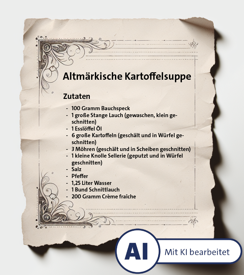 Zutatenliste mit allen Zutaten einer altmärkischen Kartoffelsuppe.