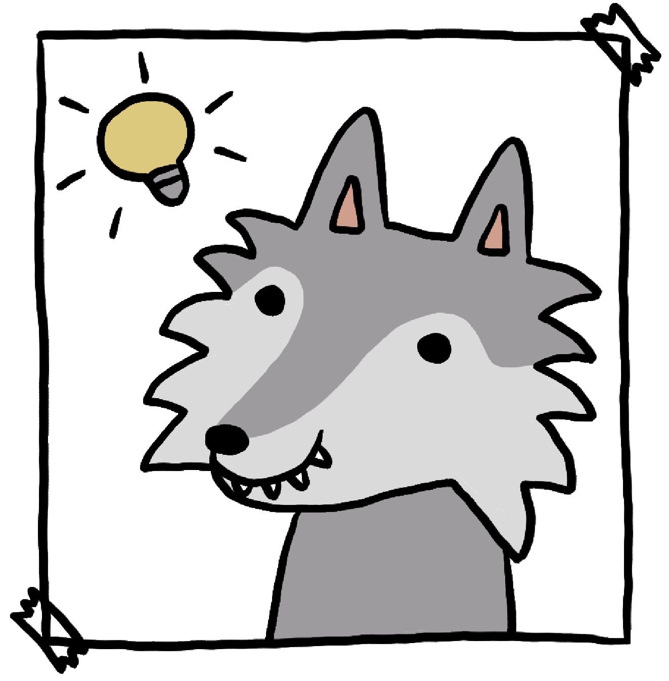 Wolf mit Glühbirne über dem Kopf.