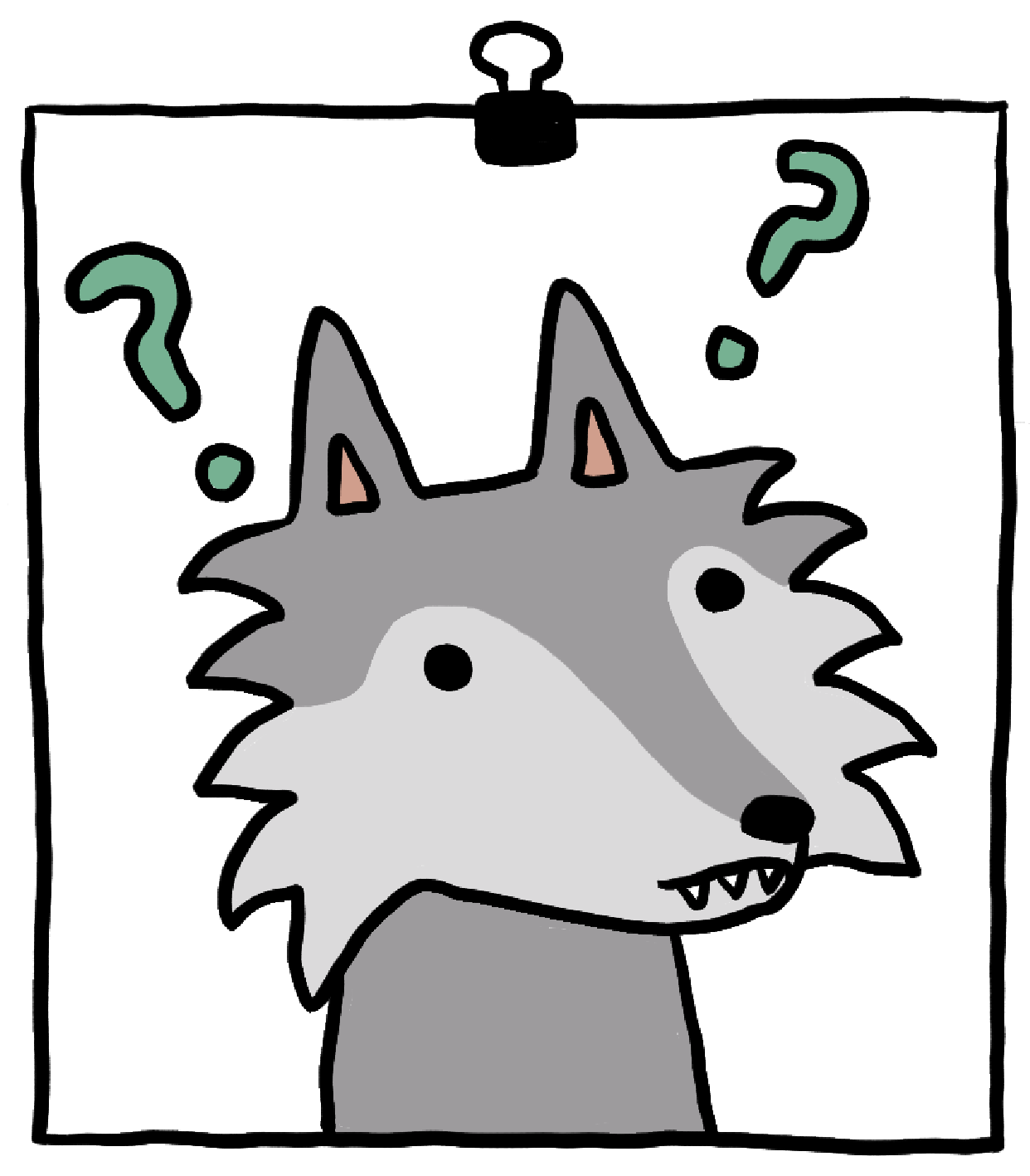 Grafik Wolf nachdenklich mit Fragezeichen
