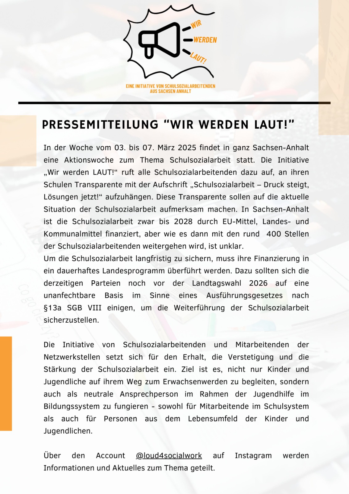 Pressemitteilung zur Aktionswoche " Wir werden laut" vom 03.03. - 07.03.25