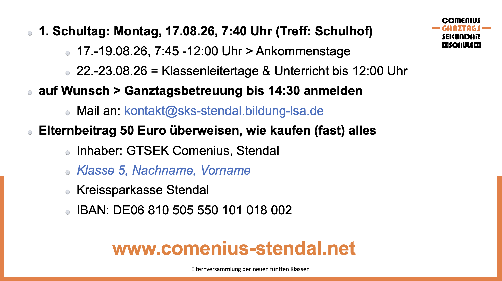 Folie der ersten Elternversammlung für unsere neuen 5.-Klässler