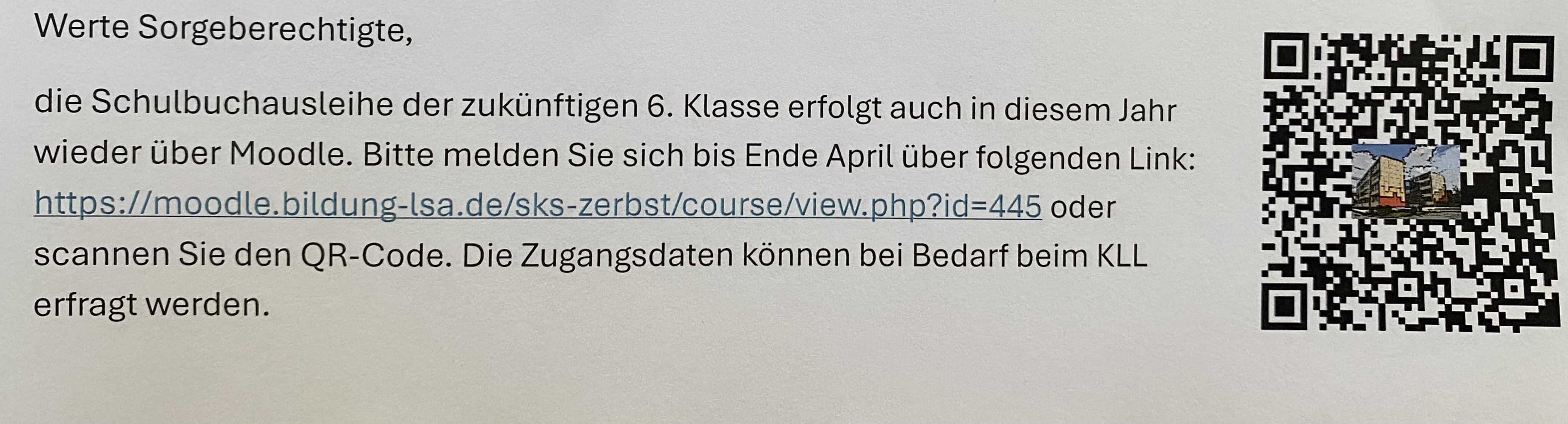 Schulbuchausleihe auch in diesem Jahr wieder online. Bitte über den QR-Code bis Ende April anmelden.
