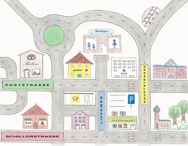 Stadtplan mit unterschiedlichen Gebäuden