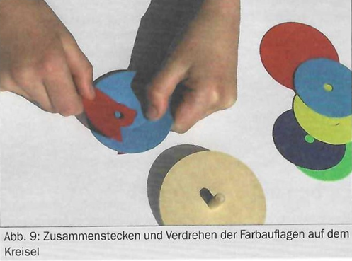 Bild: Zusammenstecken und Verdrehen der Farbauflagen auf dem Kreisel