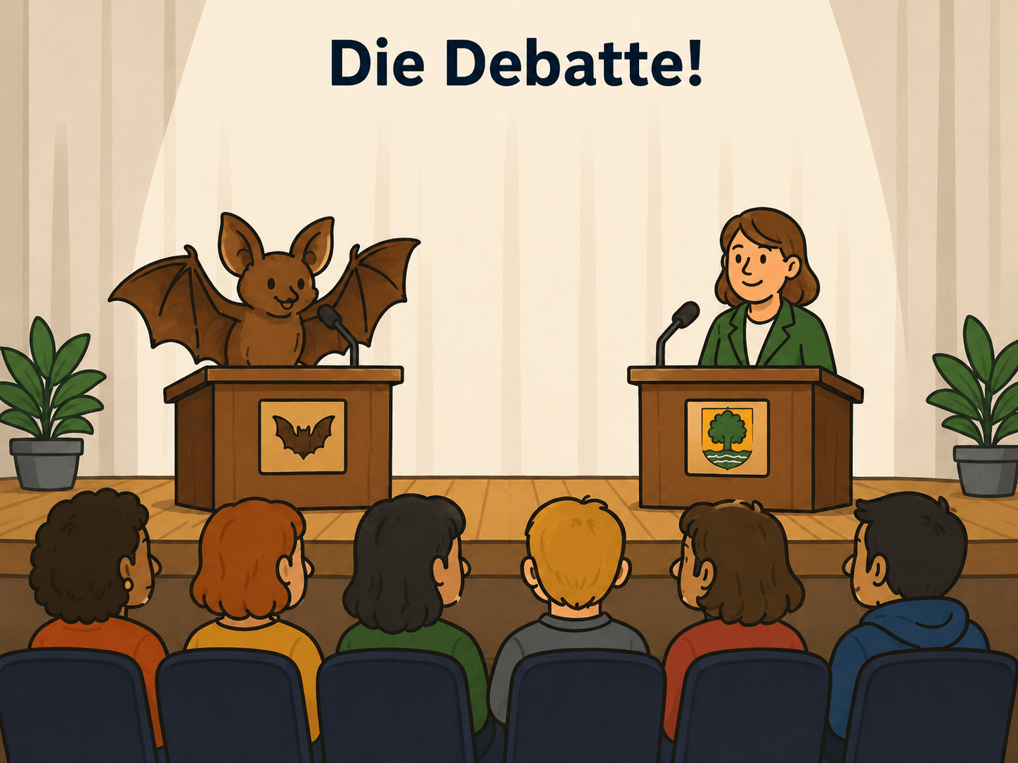Debatte zwischen Fledermaus und Bürgermeisterin vor Publikum.